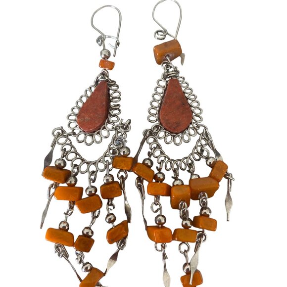 Peruvian orange stone handmade wire earrings carnelian boho tribal kinetic - Picture 1 of 5